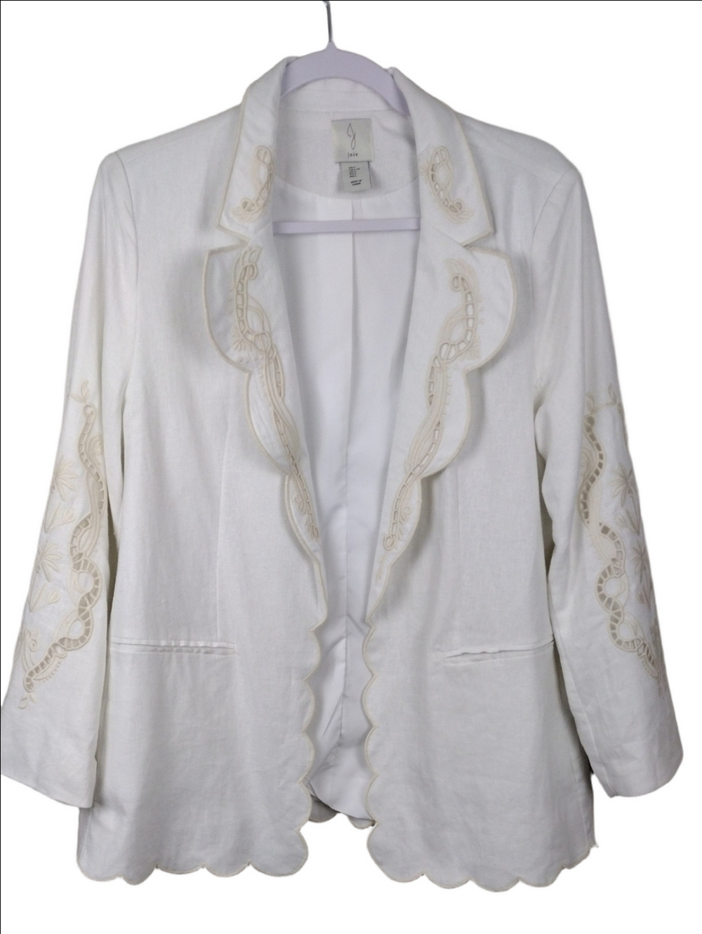 Joie White Linen Blend One Notched Scalloped Edges Long Sleeve Open Front Blazer